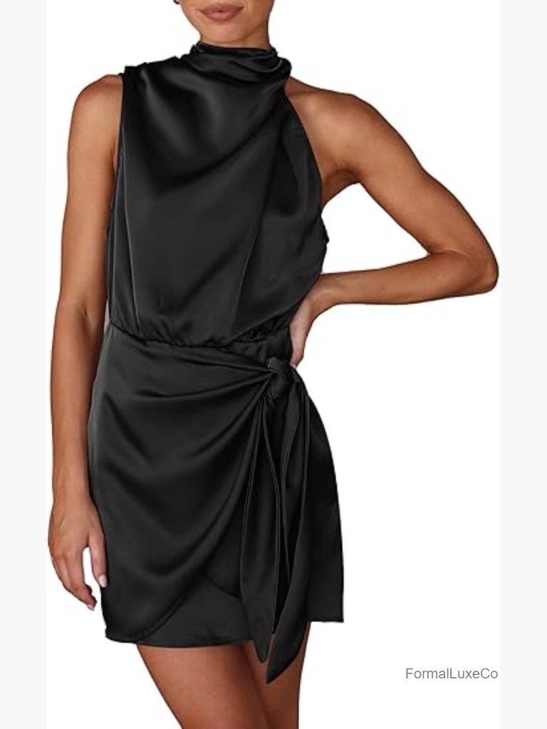 Satin Mock Neck Tie Waist Mini Cocktail Dress Sleeveless